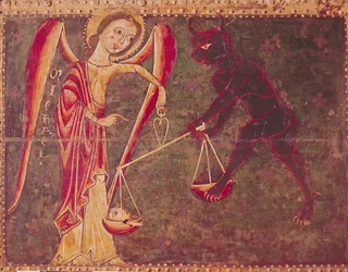 St. Michael wiegt Seelen, von einem Altarbild, das dem Erzengel Michael gewidmet ist, um 1200 (Tempera auf Holztafel)